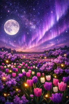 a field full of purple flowers under the night sky