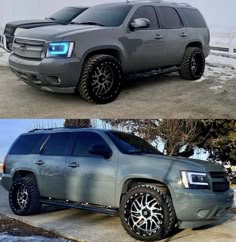 two pictures of the same vehicle in different stages of being painted silver and black with chrome rims