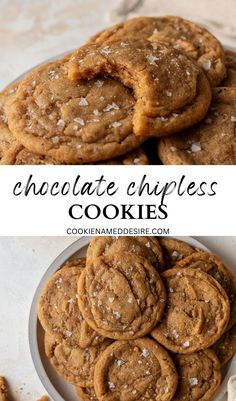 chocolate chip cookies in a white bowl with text overlay