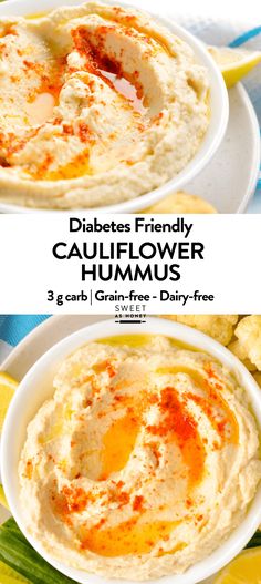 two plates with hummus on them, one has an egg in it and the other has