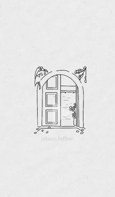 a drawing of an open door with flowers on the window sill and birds flying over it