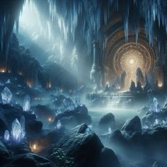 an image of a cave with lights in the water and ice on the rocks around it