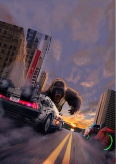 an animated gorilla riding on the back of a car in front of tall buildings at night