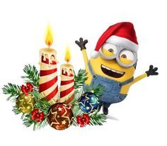 a cartoon minion with christmas decorations and candles