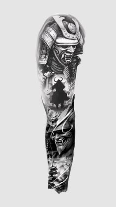 a man's arm covered in black and white tattoos, with an image of a samurai