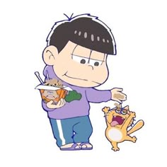 a cartoon character holding a bowl of food with a dog standing next to him and looking at it