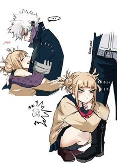 two anime characters with different expressions on their faces, one is hugging the other's head