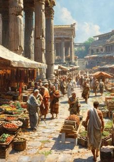 a painting of people walking around an outdoor market