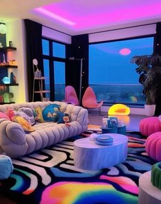 a living room filled with lots of colorful furniture