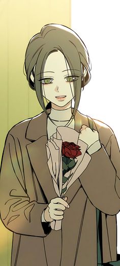 a woman holding a rose in her right hand