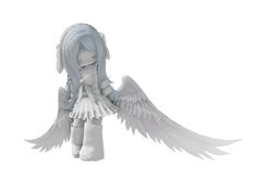 an angel doll with blue hair and white wings on it's head, standing in front of a white background