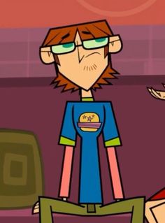 a cartoon character is standing in front of a woman with glasses and a hamburger on her chest