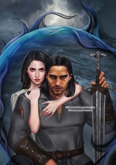 a man and woman are holding swords in front of a blue background with the moon behind them