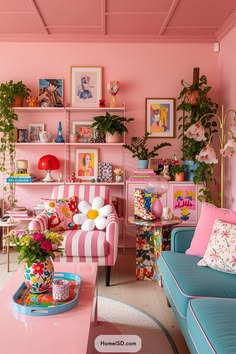a living room filled with lots of furniture and pink walls, all painted in different colors