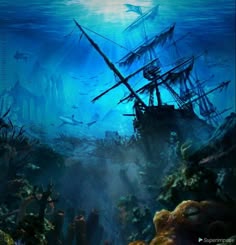 an underwater scene with ships in the water