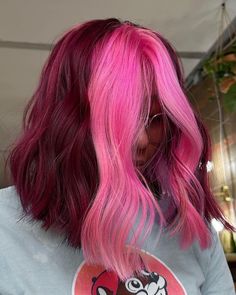 Pastel Pink + Burgundy bob by @emiliahighlights 🩷❤️ Different Color Money Piece Hair, Burgundy And Light Pink Hair, Pink And Burgandy Hair, Dark Red Hair Pink Highlights, Dark Red With Pink Highlights, Maroon And Pink Hair, Dark Red And Pink Hair, Color Block Hair Pink, Burgandy Hair Pink Highlights