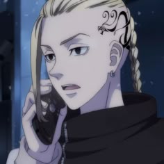 an anime character holding a cell phone to her ear and looking at the camera with one hand