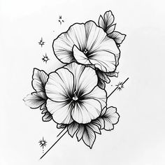 two flowers are drawn in black and white ink on a sheet of paper with sparkles