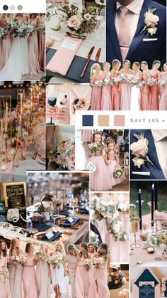 a collage of pink and blue wedding colors with flowers, greenery and candles