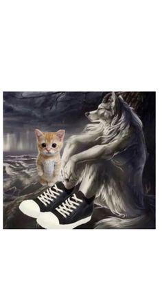 a cat sitting on top of a shoe next to a wolf's paw and head