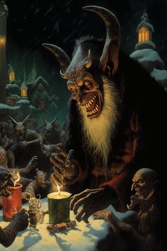 a painting of an evil looking demon with his mouth open and hands out in front of him