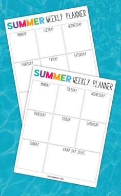 two printable summer weekly planner pages sitting next to each other on a blue surface