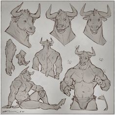 some sketches of animals and people in various poses