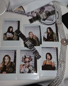 several polaroid pictures are arranged on a table with a watch and pearls around it