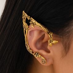 IngeSight.Z Retro Elf Rose Flower Leaf Ear Clip Earrings for Women Gothic Vintage Metal Non Elf Earring, Elf Ear Accessories, Elf Ear Earrings, Elf Ear Jewelry, Yellow Gemstone Elf Ear Cuffs, Adjustable Fantasy Wrap Earrings For Gift, Elf Ear Clips, Adjustable Fantasy Wrap Earrings As Gift, Elf Ear Cuff Jewelry