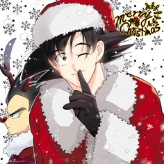 an anime character wearing a santa claus outfit and holding his hand up to his face