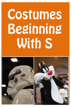 an orange and white poster with the words costumes beginning with s