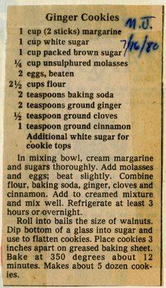 the recipe for ginger cookies is shown in an old newspaper