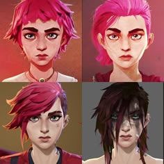 four different pictures of the same person with pink hair