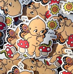 several stickers with different images of babies and mushrooms on them, all in various shapes and sizes