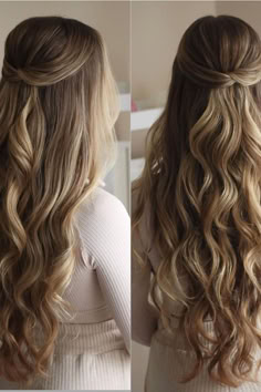 Cascading sandy blonde waves meet a chic half-up twist, showcasing a blend of highlights and lowlights for a dimensional, multi-tonal look. // Photo Credit: Instagram @bridal_hairstylist Curled Wedding Hair, Curled Prom Hair, Half Up Curls, Bridemaids Hairstyles, Bridesmaid Hair Inspo, Half Up Wedding Hair, Cabelo Formatura, Wedding Hair Half, Simple Bridesmaid Hair