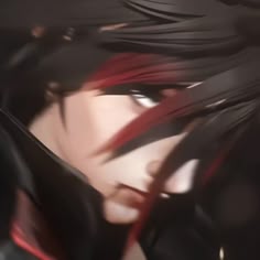 an anime character with red hair and black feathers on her head, looking at the camera