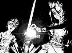 an image of two people in the dark with one holding a light saber and the other pointing