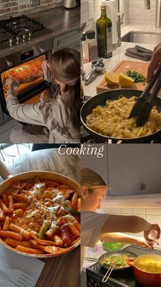 there are two pictures with different foods in the same photo, one is cooking and the other is eating