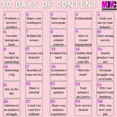 the 30 days of content marketing calendar is shown in pink and white, with text that reads