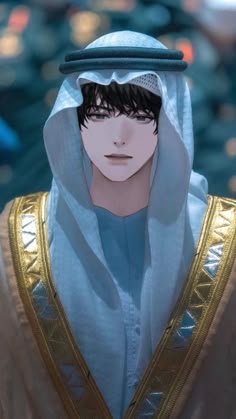 a man wearing a blue and gold outfit with his head covered by a white hoodie