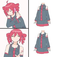 an anime character with red hair wearing a blue shirt and pink pants, talking on the phone