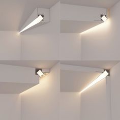 four different angles of the ceiling light in an empty room with white walls and flooring