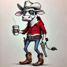 Funny Cow Cowboy Red Shirt and Coffee Pencil Drawing