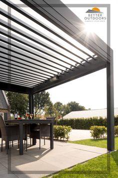 an outdoor dining area with table and chairs under a pergolated roof in the sun
