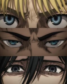 three different views of an anime character's eyes