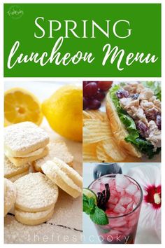 the cover of spring luncheon menu with pictures of different foods and drinks on it