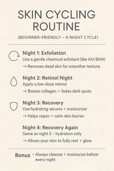 Skin cycling is the derm-approved secret to clear, glowing skin — and it’s beginner-friendly! 💫 This 4-night routine helps smooth texture, fade dark spots, and repair your barrier without overload. Perfect if you're new to actives like retinol! Save this for your skincare reset 📌   #SkinCycling #SkincareRoutine #BeginnerSkincare #GlowUpTips #RetinolRoutine #PinterestBeauty #SkincareThatWorks #USAbeautytrends #Skintok #BarrierRepair Skin Care Cycle Routine, Skin Cycling Routine For Dry Skin, Skin Cycling Routine Morning And Night, Skin Cycling Routine Dry Skin, Skin Cycling Routine 7 Days, Skin Cycling Routine Oily Skin, Best Skin Cycling Routine, Skincare Cycle Routine, Skin Cycling Routine Retinol