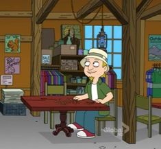 a cartoon character sitting at a table in a room filled with books and other items