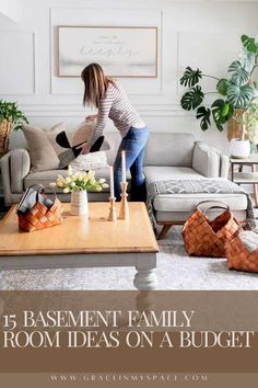 a woman is cleaning the living room on a budget