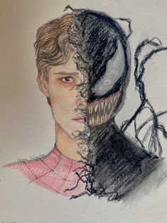 a drawing of a man with his face covered in spider - man's teeth
